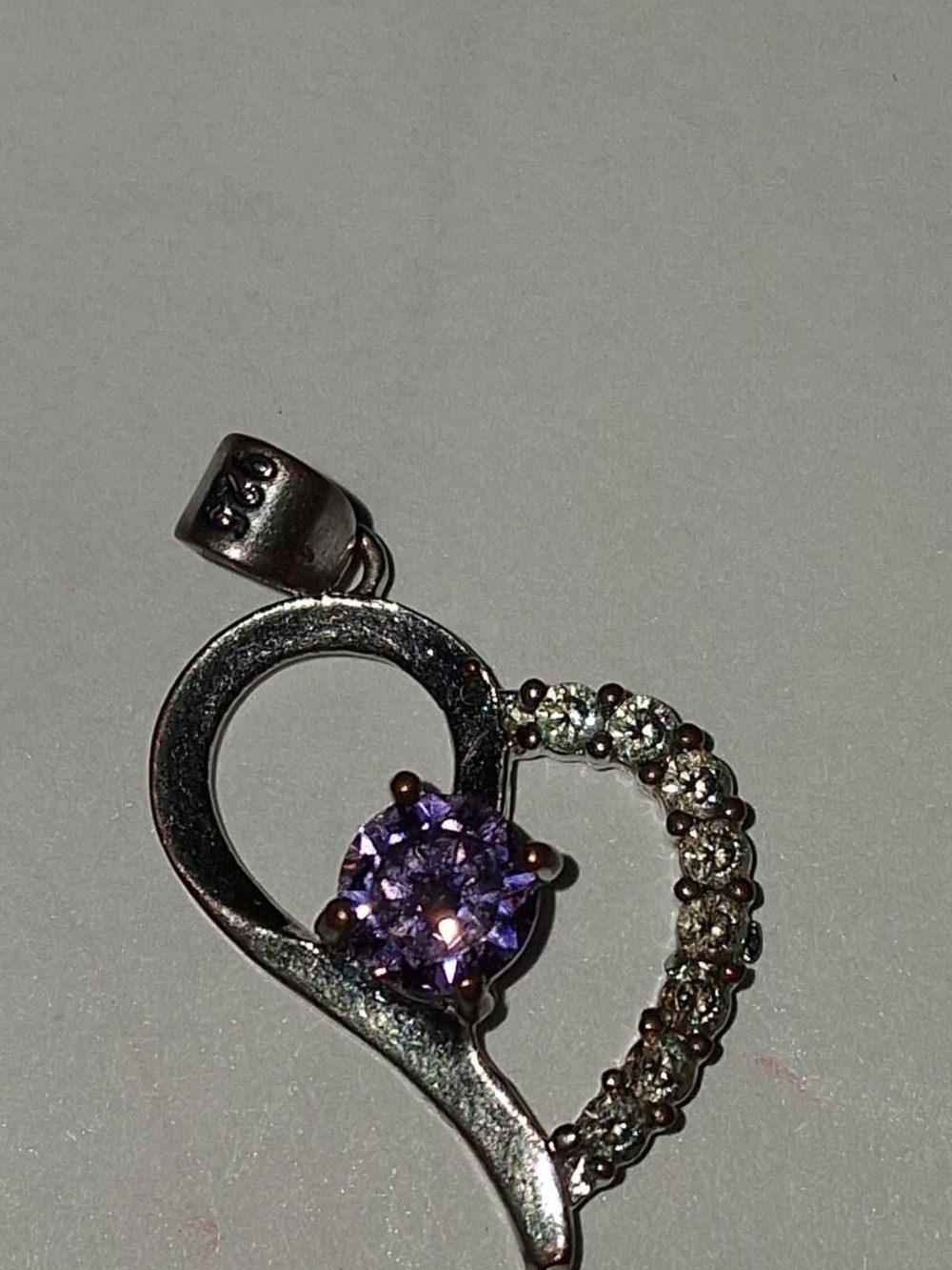 Source Unknown Silver Heart Pendant with Purple Center and Clear Accents